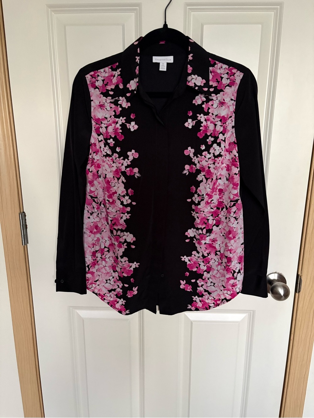 Charter Club Black Button-Down with Pink Floral Panels